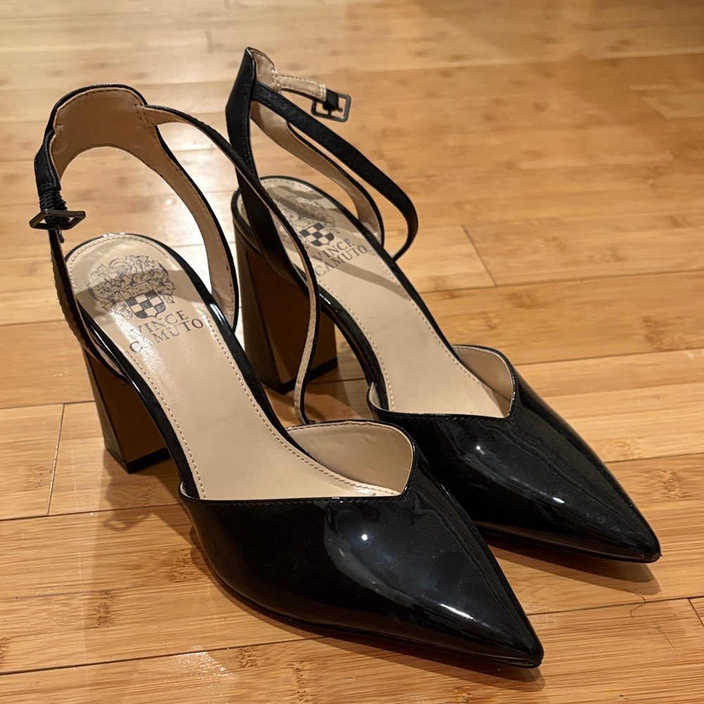 Vince Camuto Black Patent Pointed Toe Block Heel Slingbacks